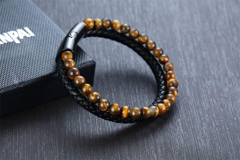 VNOX Two-Strand Braided Leather Cuff Wristband Bead Rope Bracelet Engraved Egyptian Eye of Horus Eye of Ra Ankh Cross Bracelet,Brown - Image 4